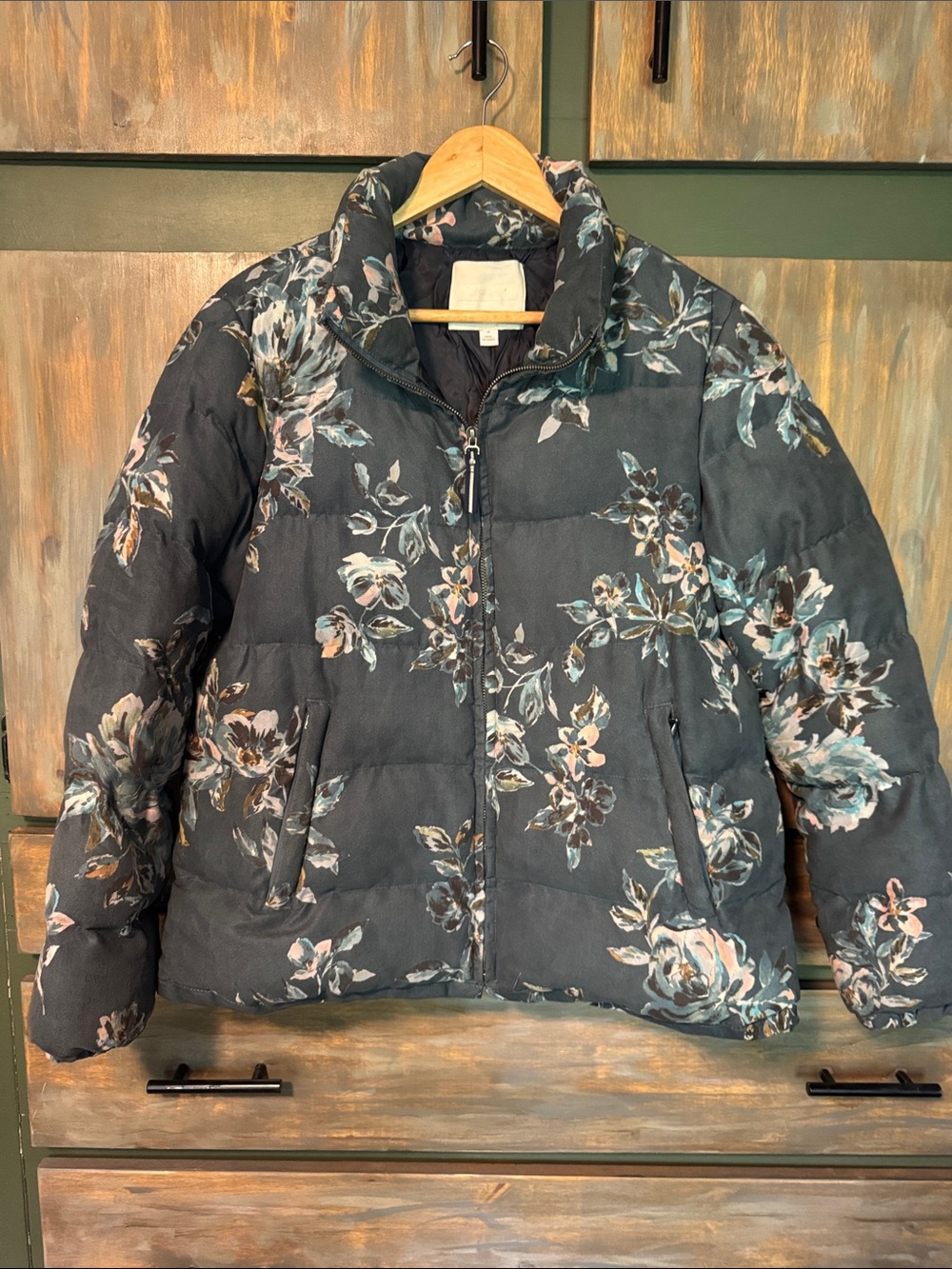 Anthropologie Blue Floral Quilted Puffer Jacket